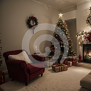 Room at Christmas night, empty home interior with fireplace, burning candles, decorated fir tree with gifts and presents and cozy