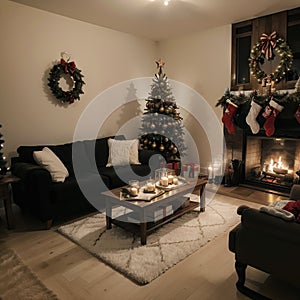 Room at Christmas night, empty home interior with fireplace, burning candles, decorated fir tree with gifts and presents and cozy