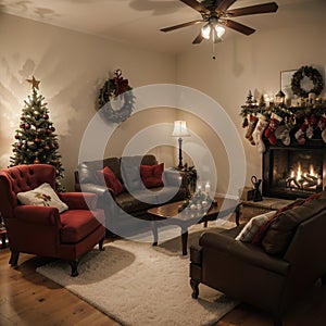 Room at Christmas night, empty home interior with fireplace, burning candles, decorated fir tree with gifts and presents and cozy