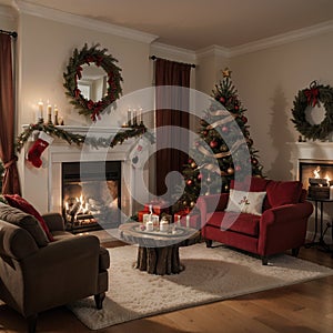 Room at Christmas night, empty home interior with fireplace, burning candles, decorated fir tree with gifts and presents and cozy