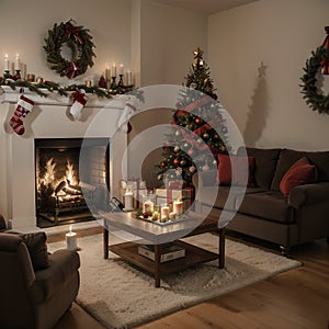 Room at Christmas night, empty home interior with fireplace, burning candles, decorated fir tree with gifts and presents and cozy