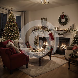 Room at Christmas night, empty home interior with fireplace, burning candles, decorated fir tree with gifts and presents and cozy