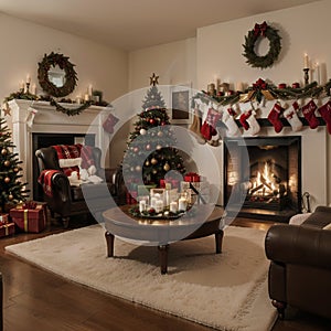 Room at Christmas night, empty home interior with fireplace, burning candles, decorated fir tree with gifts and presents and cozy