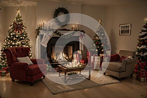 Room at Christmas night, empty home interior with fireplace, burning candles, decorated fir tree with gifts and presents and cozy