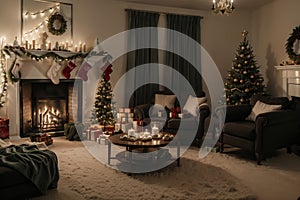 Room at Christmas night, empty home interior with fireplace, burning candles, decorated fir tree with gifts and presents and cozy