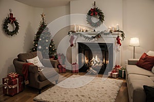 Room at Christmas night, empty home interior with fireplace, burning candles, decorated fir tree with gifts and presents and cozy