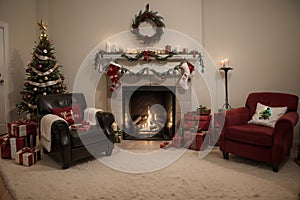 Room at Christmas night, empty home interior with fireplace, burning candles, decorated fir tree with gifts and presents and cozy