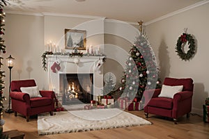 Room at Christmas night, empty home interior with fireplace, burning candles, decorated fir tree with gifts and presents and cozy