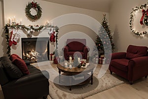 Room at Christmas night, empty home interior with fireplace, burning candles, decorated fir tree with gifts and presents and cozy