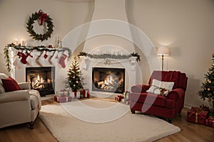 Room at Christmas night, empty home interior with fireplace, burning candles, decorated fir tree with gifts and presents and cozy