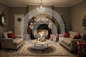 Room at Christmas night, empty home interior with fireplace, burning candles, decorated fir tree with gifts and presents and cozy