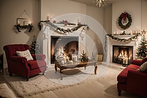 Room at Christmas night, empty home interior with fireplace, burning candles, decorated fir tree with gifts and presents and cozy