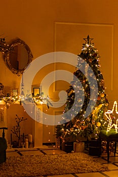 Room with a Christmas tree and decor