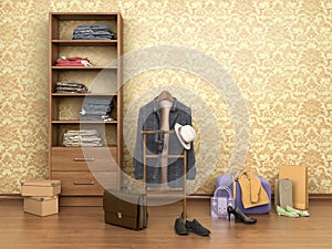 Room with clothes, cupboard, boxes and shoes,