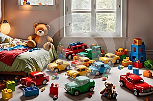 room cluttered with an array of colorful toys strewn about the floor, plush toys piled in a haphazard delight