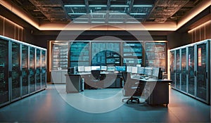 Room with computers and screens, cybersecurity background, control room, data management center