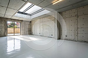 Empty room with concrete walls and glossy white floor photo