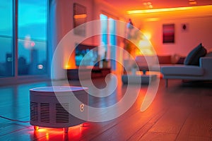 Room with couch and table with red light