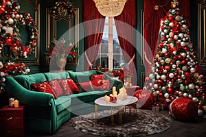 Room decorated in Christmas style in red and green colours with illumination