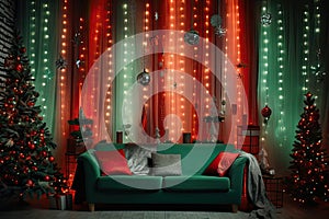 Room decorated in New Year's or Christmas style in red and green colours