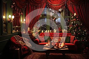 Room decorated in New Year's or Christmas style in red and green colours with illumination