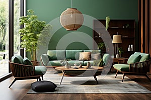 Room design living modern wall house green furniture interior home sofa apartment lamp