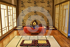 Room designed with Korea`s traditional decorations and foods for ceremony of newly wed couples and their families.