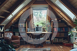 A room with a desk and chair in a cozy attic workspace with sloped ceilings and sky view, A cozy attic workspace with sloped photo