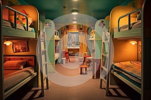 A room in a dormitory. Bunk beds. Hostel room. Cheap housing