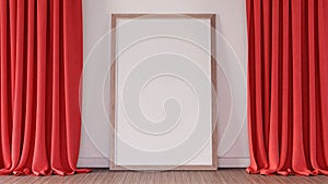 Room with empty vertical picture frame on a wooden floor with red curtains 3d render