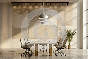 A room equipped with a table, chairs, and a plant set in a minimalist style, A minimalist conference room with neutral colors and