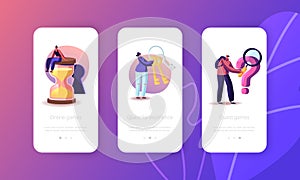 Room Escape Conundrum Mobile App Page Onboard Screen Template. Tiny Characters Solving Enigma and Searching Solution photo