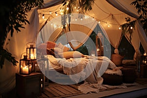 Room evening bedroom nobody cozy vacations style interior night home tent bed white camp
