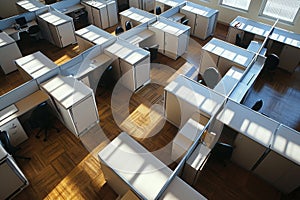 A room featuring numerous cubicles arranged on a hard wood floor, providing a functional workspace environment, Aerial view of an