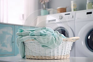 A room featuring a washer, dryer, and a coordinated laundry basket
