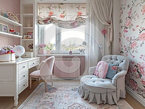 Room filled with furniture and pink accessories