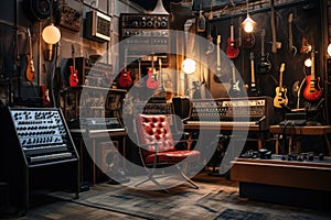 A room filled with an impressive collection of various musical instruments, Vintage music recording studio with amps and