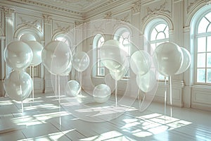 A room filled with inflated white balloons