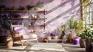 a room filled with lots of potted plants Mid-Century interior Patio with Lavender color theme
