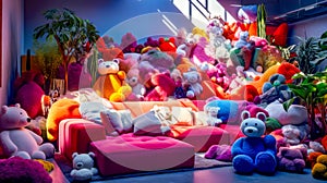 Room filled with lots of stuffed animals on top of pink couch. Generative AI