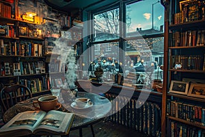 A room filled with numerous books and a table holding a cup of hot coffee, A cozy cafe with steaming mugs of tea and shelves of