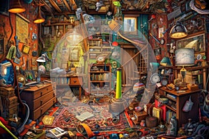 a room, filled with optical illusions and hidden objects