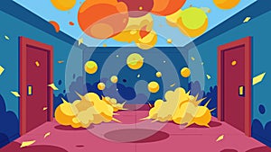 A room filled with seemingly harmless balloons that suddenly pop with deafening explosions causing visitors to fear for photo