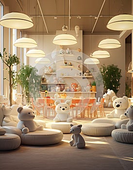 a room filled with stuffed teddy bears and chairs