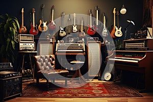 A room filled with various musical instruments such as guitars, pianos, drums, and violins, Vintage music recording studio with