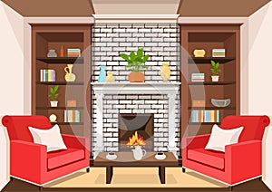 Room with fireplace, flat interior, colorful drawing, vector illustration. living room with burning fire, cabinets with vases, boo