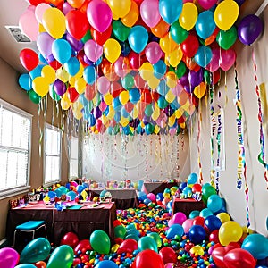 Room full of birthday balloons, vector illustration, aesthetically pleasing, generative AI