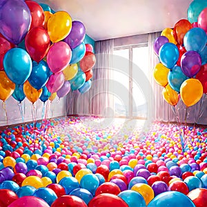 Room full of birthday balloons, vector illustration, aesthetically pleasing, generative AI photo