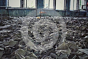 Room full of gas masks in the Chernobyl exclusion zone