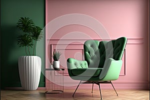 Room with green wall and wooden floor with pink modern armchair. Bright room interior mockup. Empty room for mockup. 3d rendering.